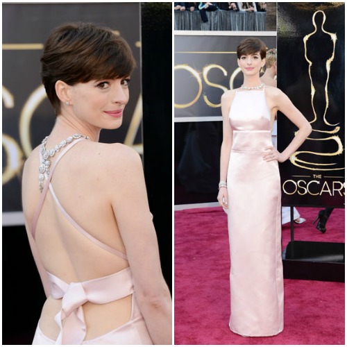 Anne Hathaway in a blushing high-neck Prada gown.Read more: Oscars Red Carpet 2013 - Pictures from 2013 Academy Awards Red Carpet
